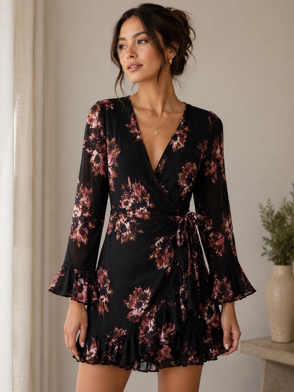 Free People Black Mauve Floral Print Wrap Dress